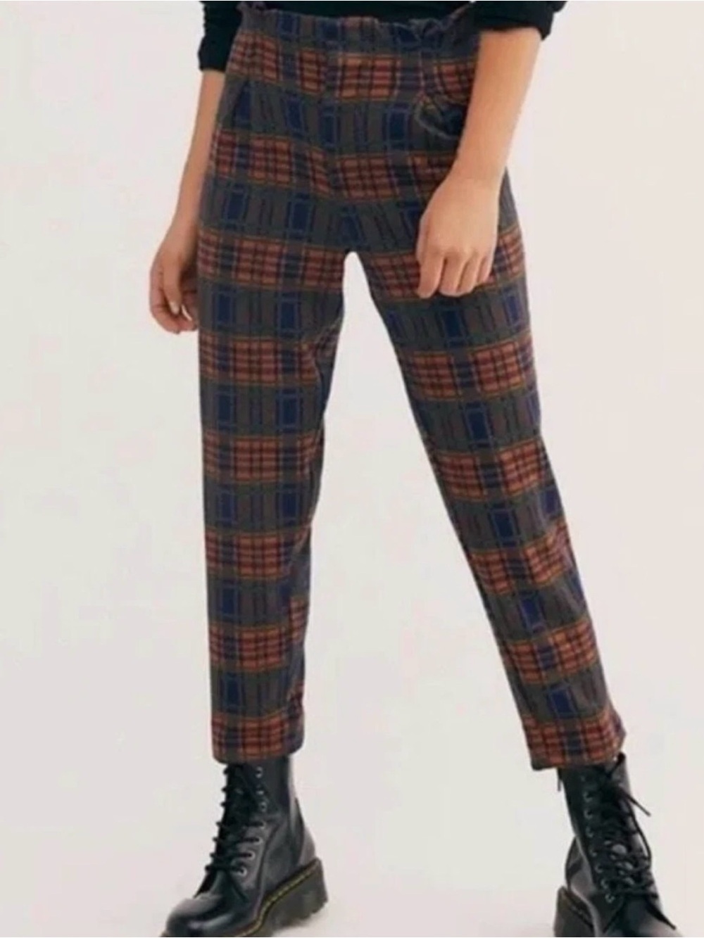 Free People Brecan Plaid Pants M Medium High Rise Pleated Tapered Ankle Crop